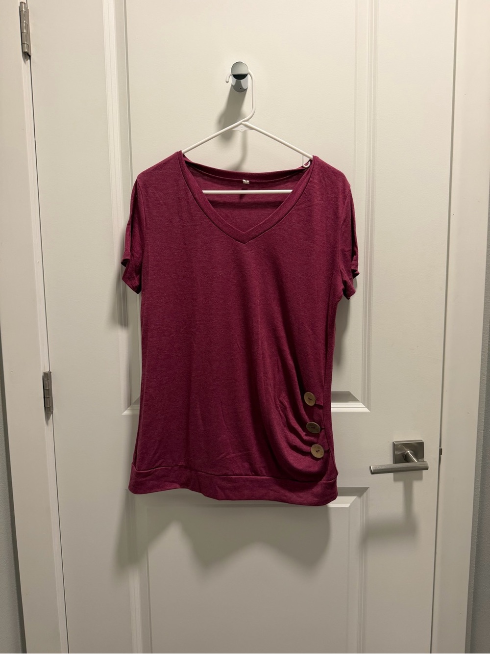 SHEIN Deep Berry V-Neck Short Sleeve Top with Side Button Detail